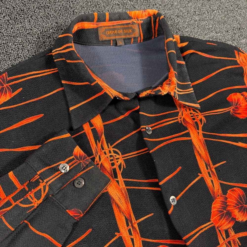 Creme De Silk Mens Large Orange Black Abstract Floral Silk Blend Button Up Shirt